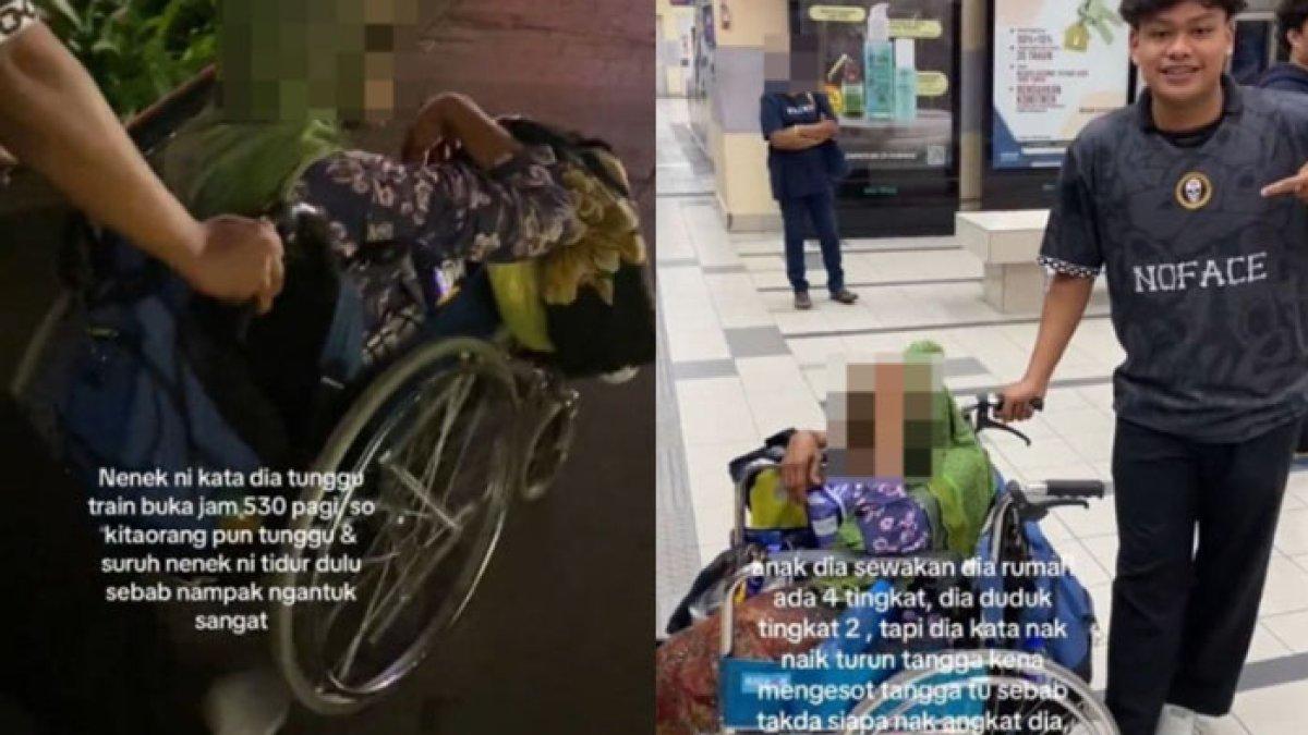 Seorang nenek dibantu sekelompok pemuda untuk naik MRT.