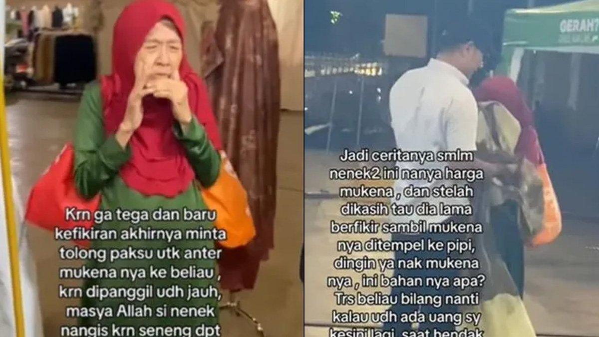 Seorang nenek menangis diberi seorang pedagang mukena gratis. Awalnya ingin membeli, namun karena uang tak cukup ia lantas diberi si penjual mukena gratis.