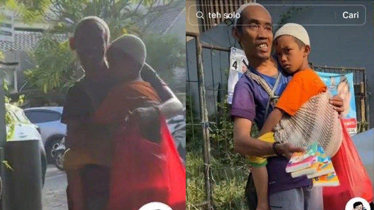 Seorang pedagang tisu keliling bernama Alam rela gendong anak sambil cari nafkah.