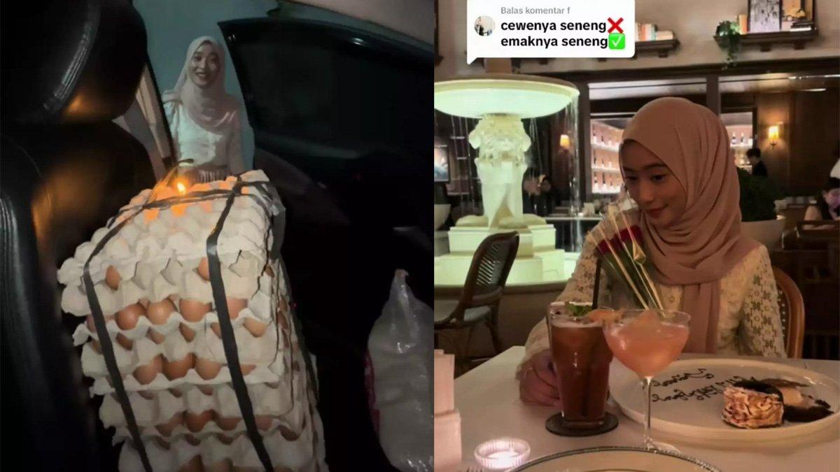 Seorang pria berikan hadiah ulang tahun untuk pacar berupa 9 baki telur.