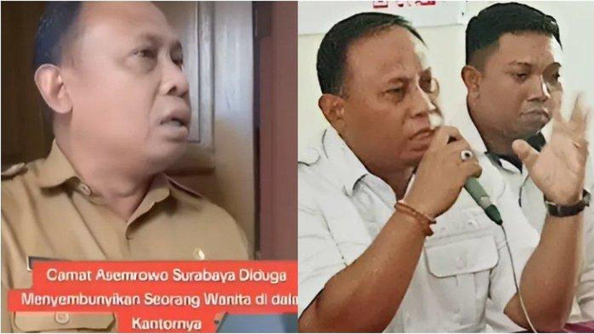 Seorang staf wanita yang ketahuan bersembunyi di kolong meja Muhammad Khusnul Amin, Camat Asemrowo, Surabaya saat digerebek.