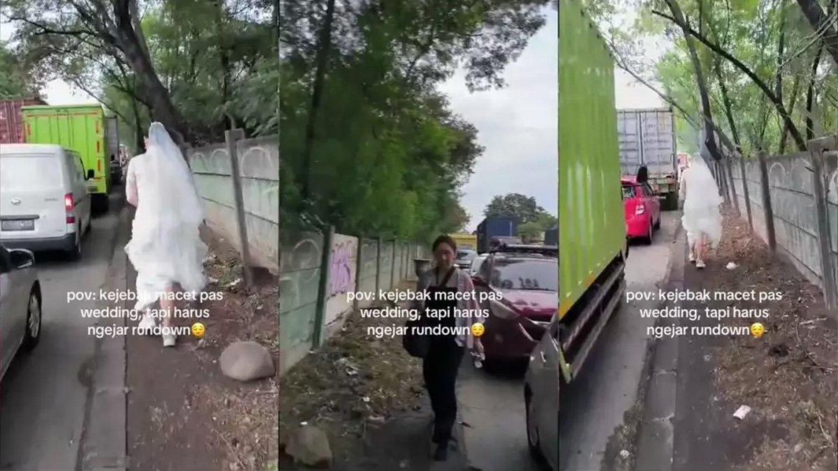 Seorang wanita bernama Bella jalan kaki ke lokasi pernikahan karena terjebak macet.