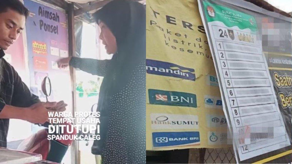 Seorang warga protes spanduk tokonya ditutup oleh baliho Caleg, tuntut permintaan maaf.