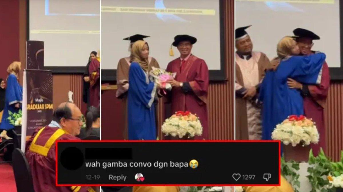 Seorang wisudawati diwisuda oleh ayahnya sendiri.