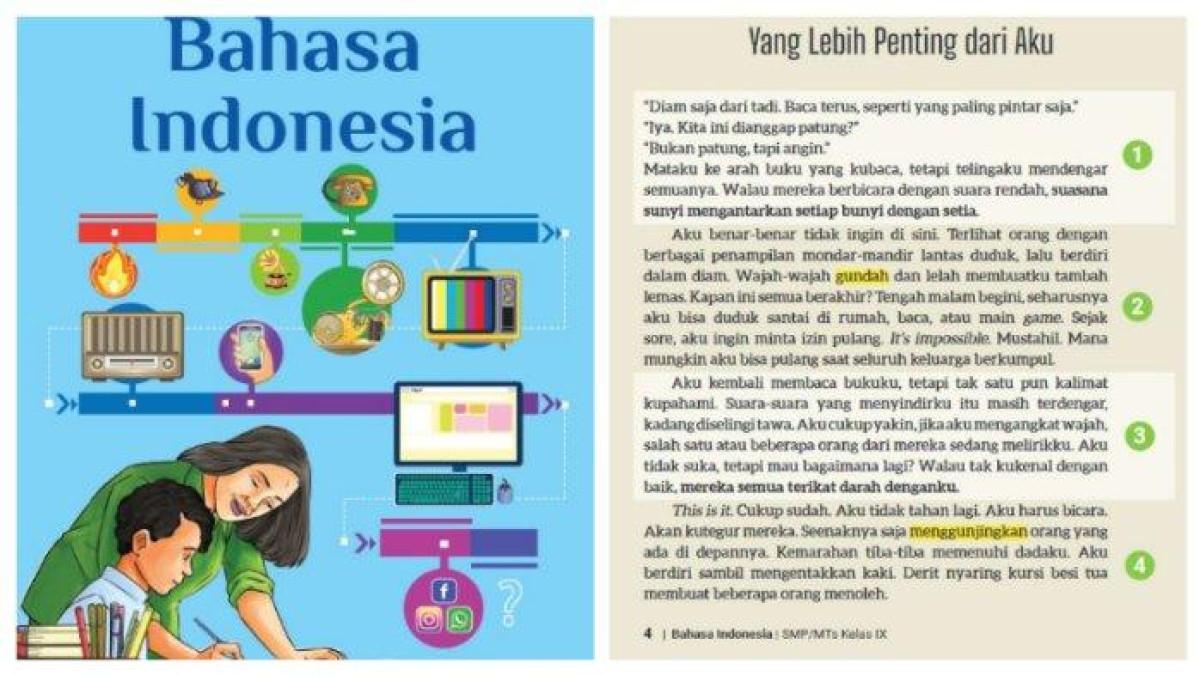 Soal Bahasa Indonesia Kelas 9 halaman 7 dan 8, Bab 1: Demi Keluarga pada pemahaman teks berjudul 'Yang Lebih Penting dari Aku'.