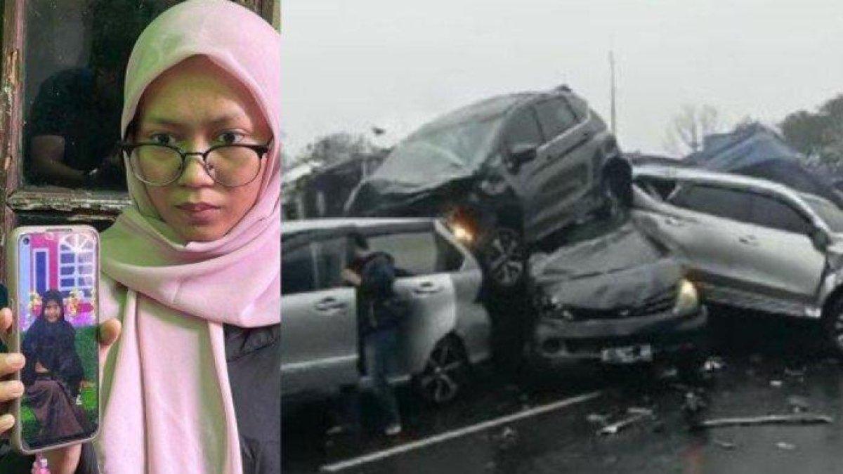 Sonia Aprilia (22), kakak pertama Amanda Marisa alias Sasa (13), korban tewas dalam insiden kecelakaan beruntun di KM 92, Tol Cipularang, Purwakarta, Jawa Barat; menunjukkan foto Sasa semasa hidup di rumah duka, Gang Harapan, Jalan Lenteng Agung RT 6 RW 7, Jakarta Selatan, Selasa (12/11/2024).