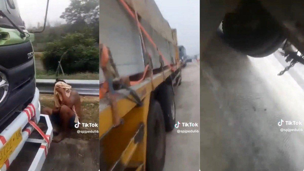Sopir truk menangis ban serep di dalam truk itu hilang dicuri di Tol Cikampek
