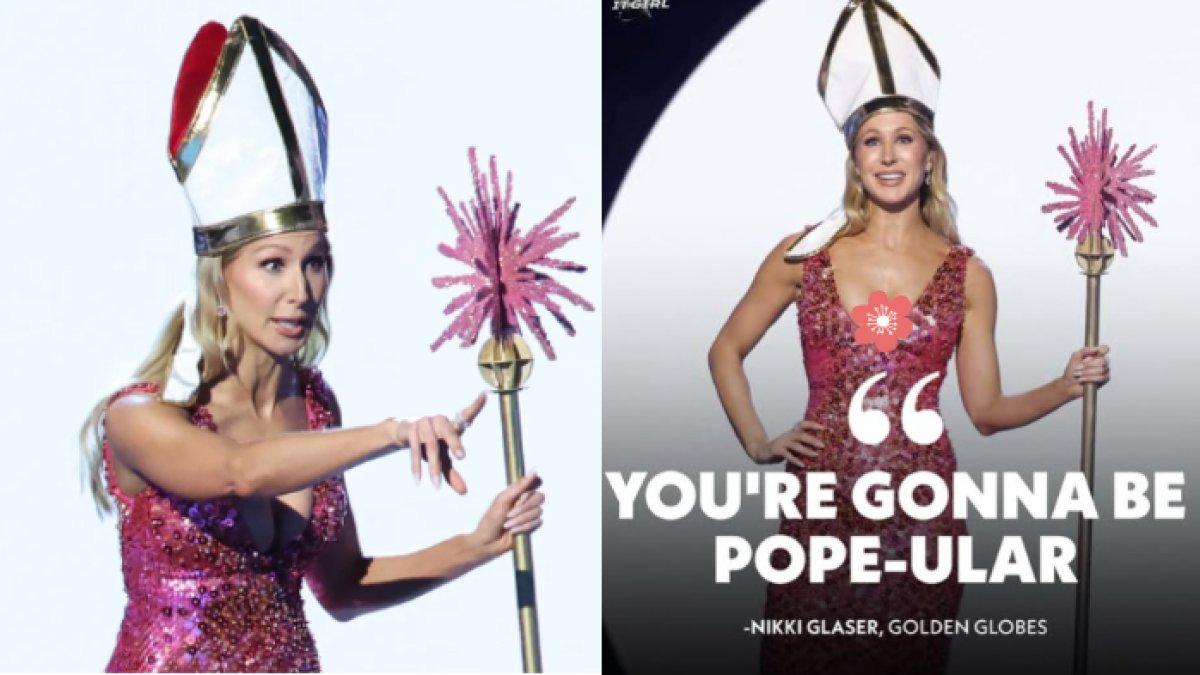 Sosok Nikki Glaser, host Golden Globes 2025 dituding hina Tuhan sebelum kebakaran Los Angeles, memakai kostum Paus Fransiskus dan memberikan lelucon.