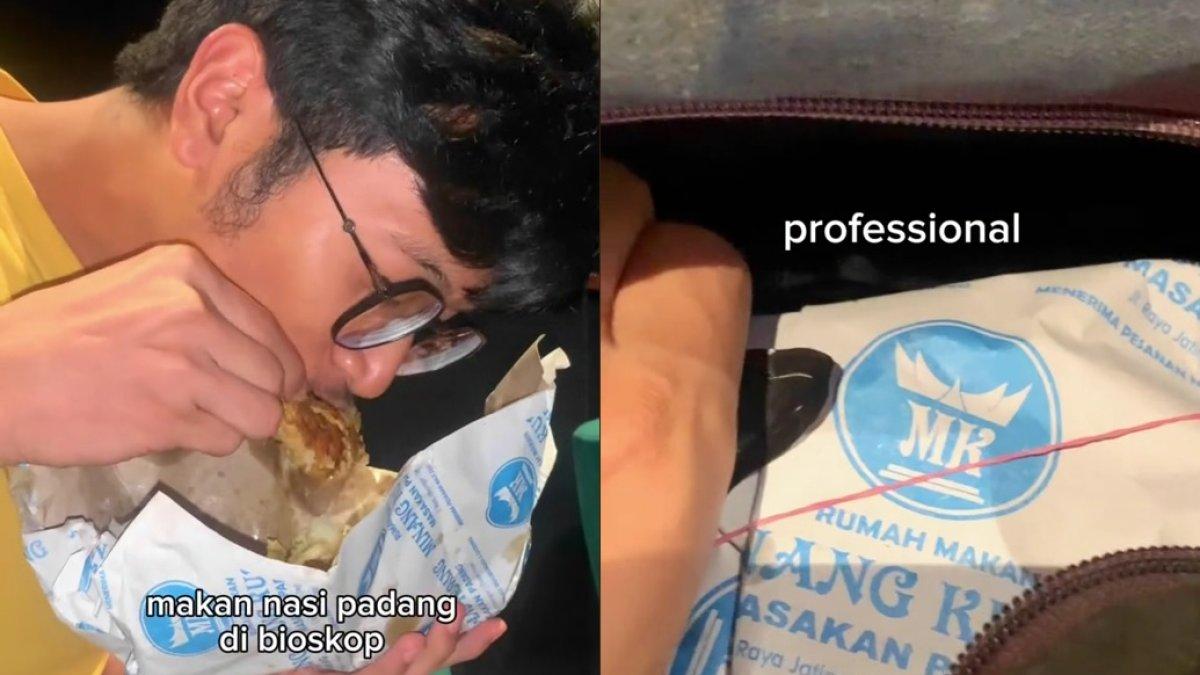 Sosok TikToker yang bawa nasi padang ke bioskop, makan saat film diputar