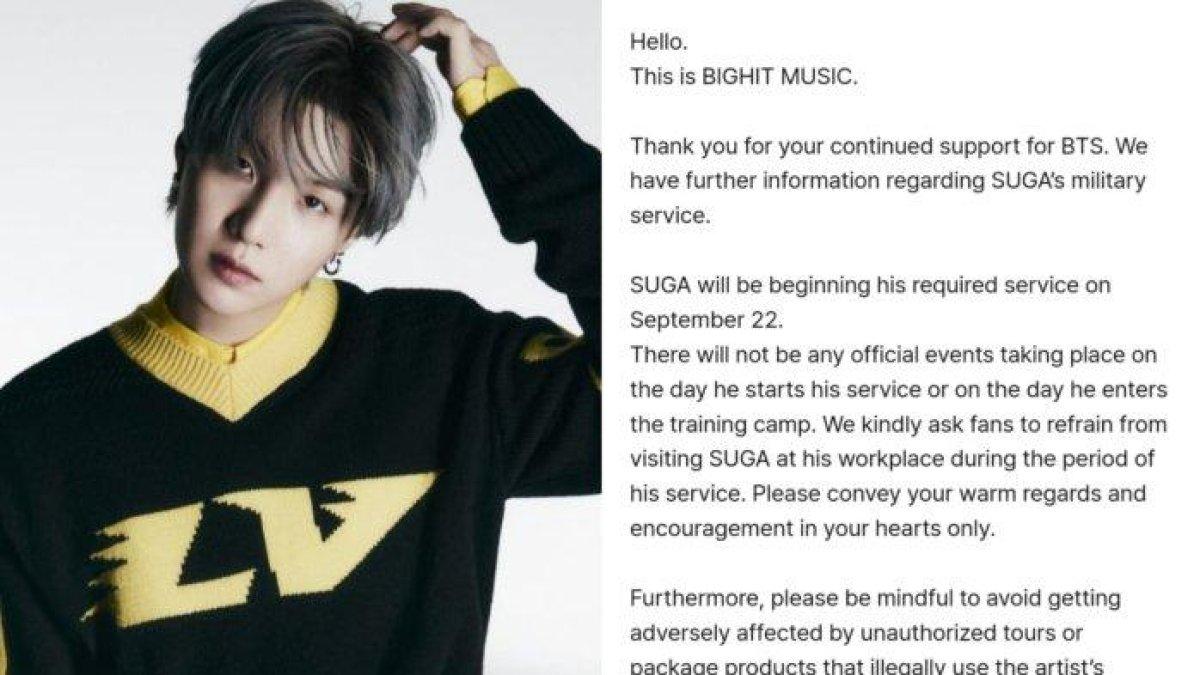 Suga BTS resmi mendaftar wajib militer pada 22 September 2023 mendatang.
