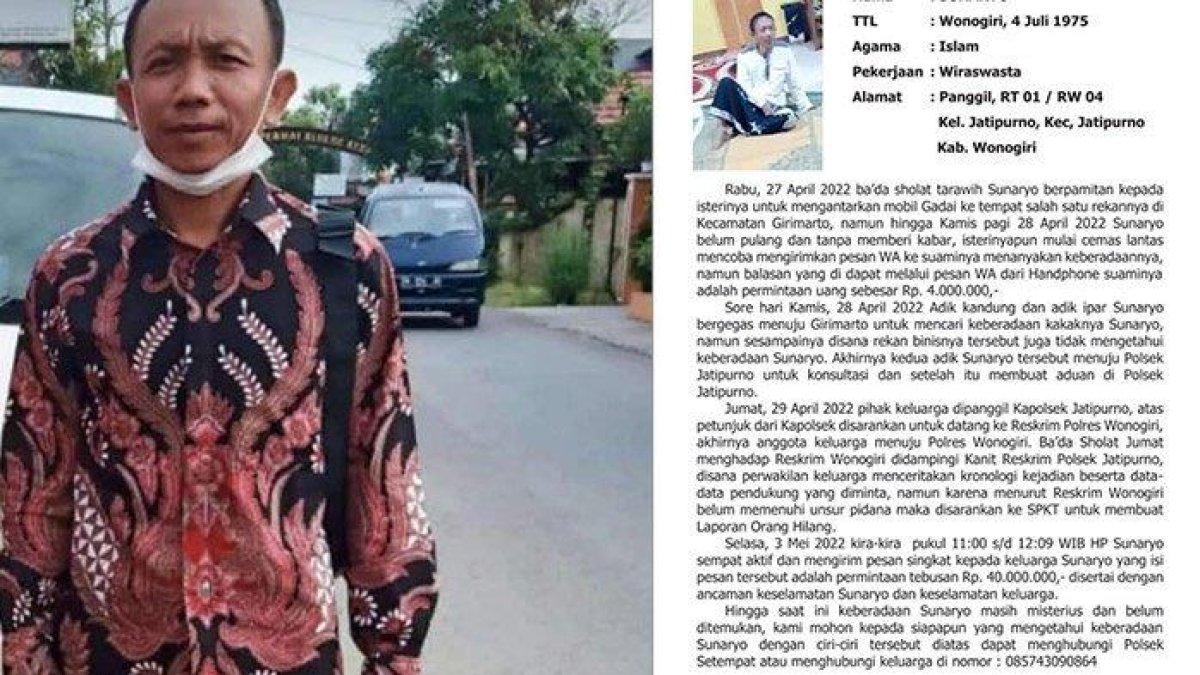 Sunaryo, warga Kecamatan Jatipurno yang hilang sejak beberapa waktu lalu