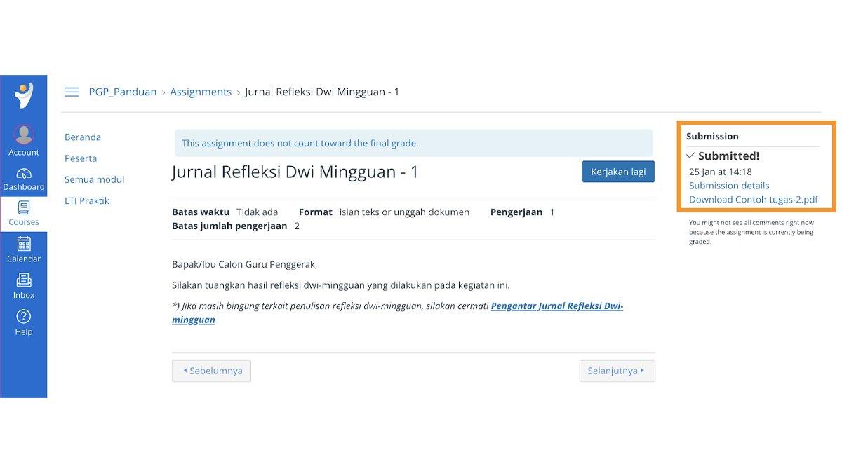 Tampilan setelah upload file setelah menulis Jurnal Refleksi Dwi Mingguan Modul 1.1
