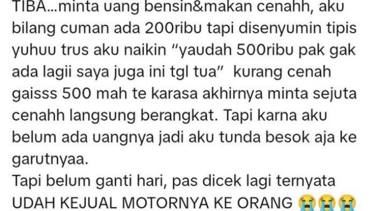 Tangkapan layar curhatan korban begal yang dimintai uang saat melapor ke Polsek Sukasari, Bandung.
