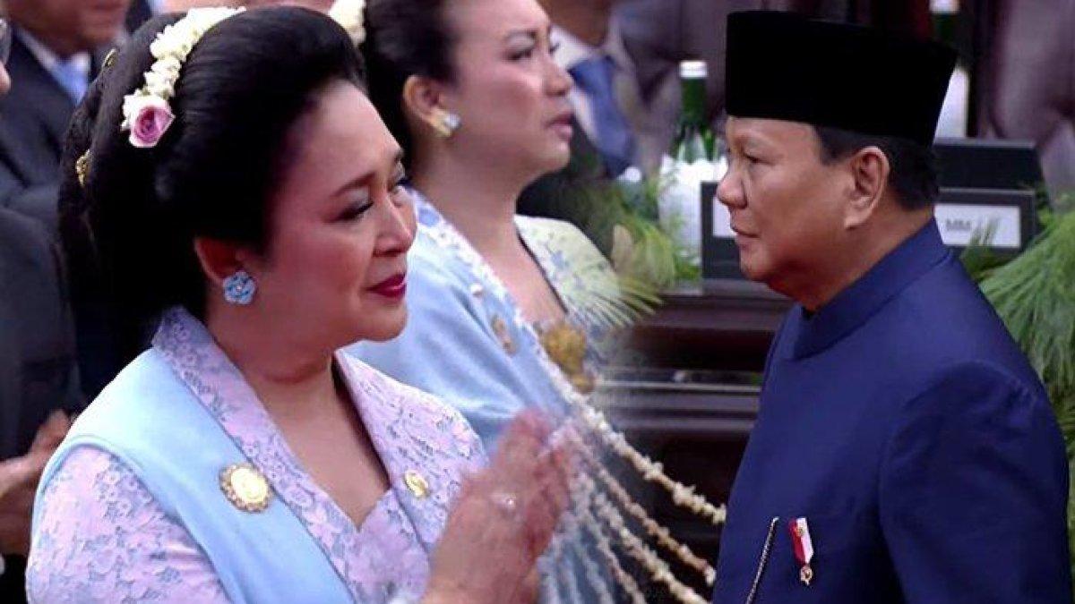 Ekspresi Titiek Soeharto saat menyaksikan momen bersejarah Prabowo Subianto dilantik menjadi Presiden ke-8 RI di Gedung MPR RI, Kompleks Parlemen, Senayan Jakarta, Minggu (20/10/2024).