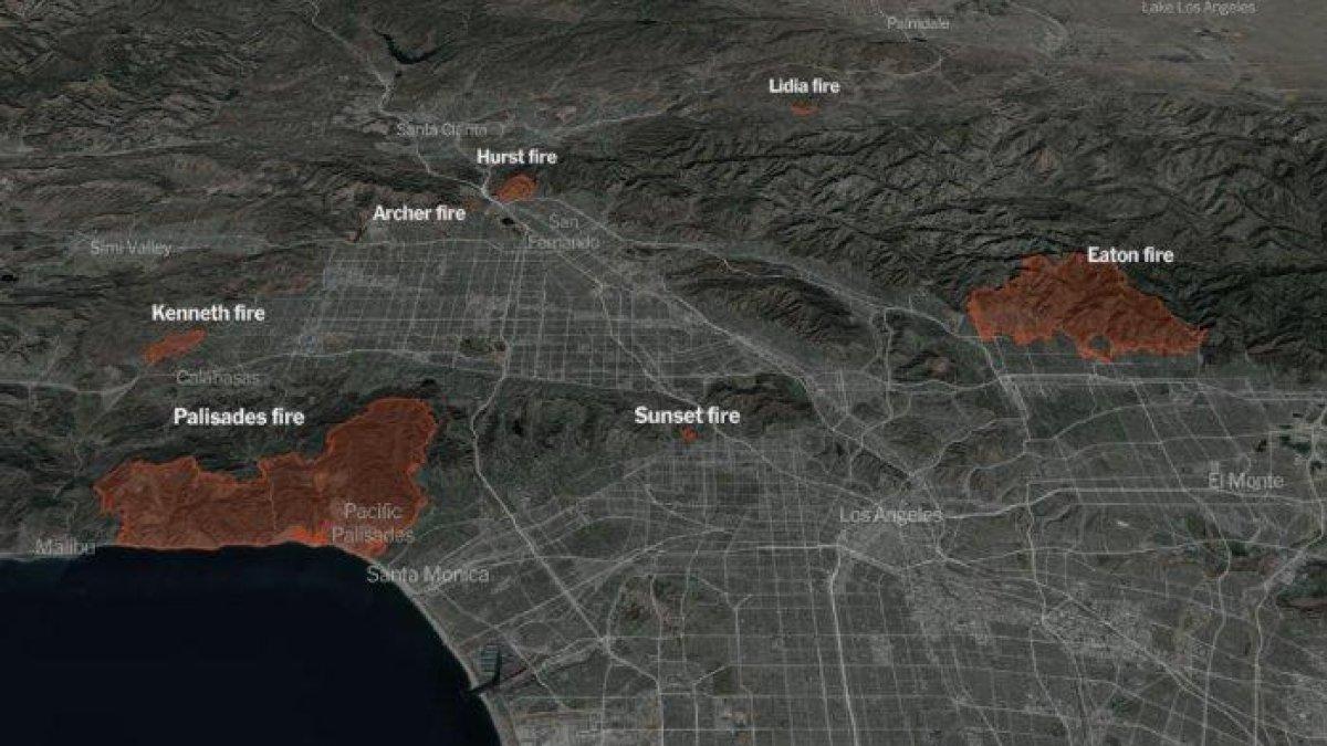 Titik lokasi kebakaran hutan di Los Angeles, California, Amerika Serikat, yang masih aktif dan berpotensi meluas. Data diambil pada Sabtu (11/1/2025) pukul 5.06 sore waktu setempat.