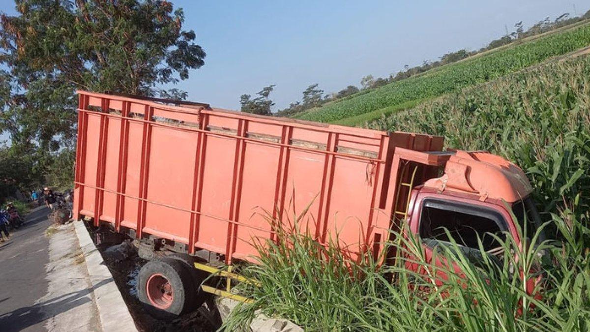 Truk dari arah Purwodadi hendak ambil pasir terjun ke sawah setelah mengikuti arah google maps di wilayah Klaten, Jawa Tengah.