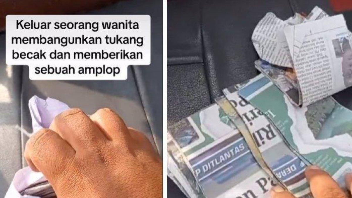 Seorang tukang becak, Tukiman (72) pada Minggu (20/8/2023) sekitar pukul 01.00 WIB diberikan amplop diduga berisi uang ternyata koran.