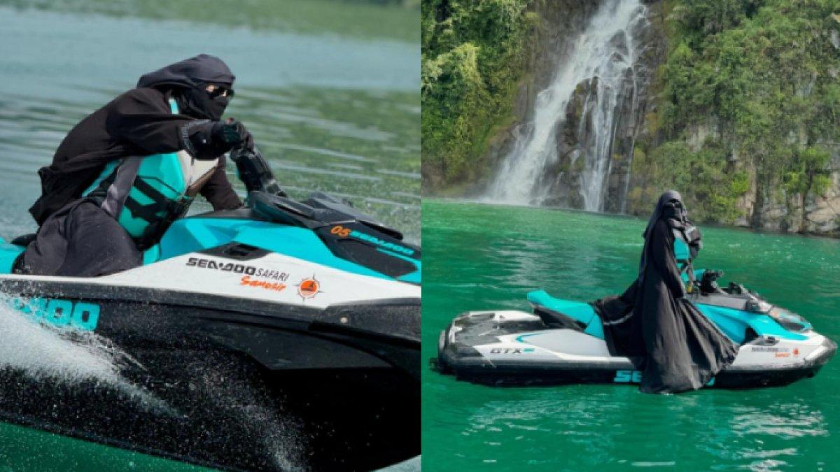 Ummi Pipik berhasil mengalahkan rasa takutnya bermain jetski di Danau Toba