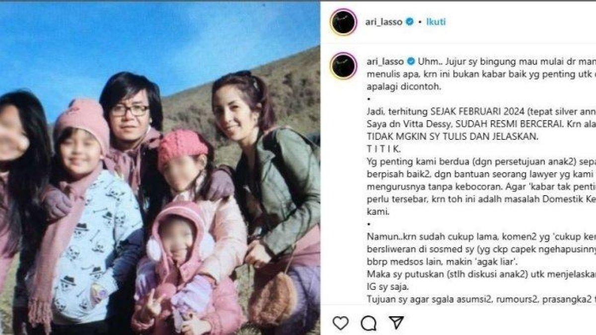 Unggahan Instagram Ari Lasso mengumumkan sudah bererai dari Vitta Dessy