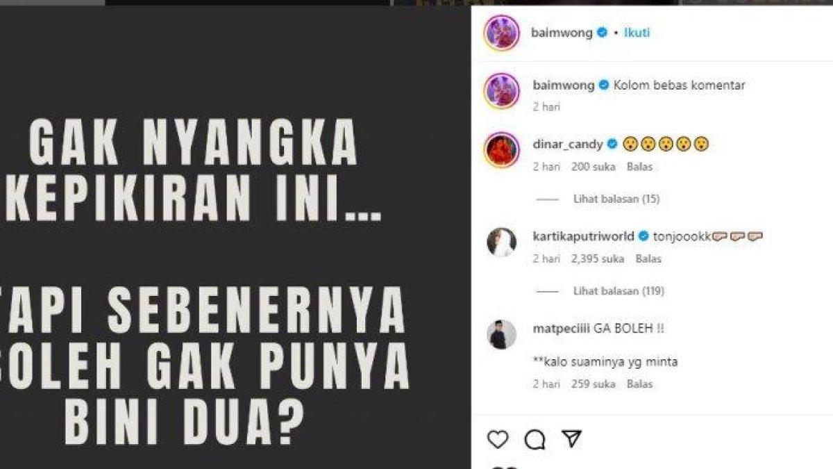 Unggahan Instagram Baim Wong yang ingin punya 2 istri.
