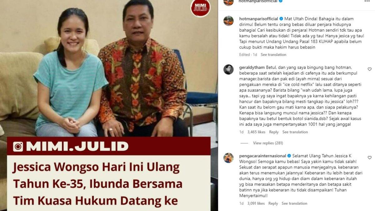 Unggahan Instagram Hotman Paris untuk Jessica Wongso