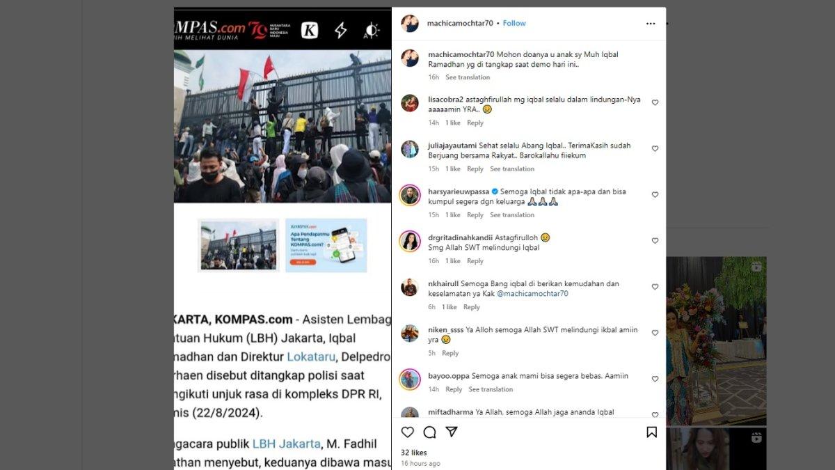 Unggahan Machicha Mochtar minta doa untuk anaknya yang ditangkap saat ikut demo