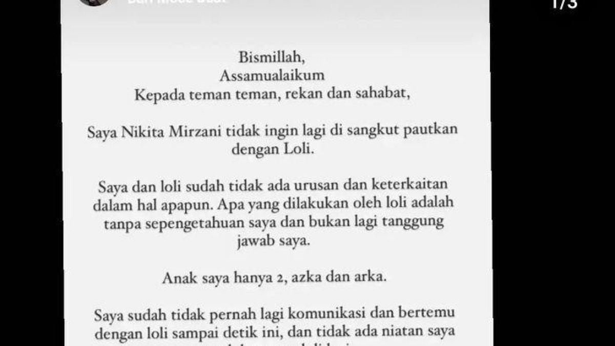 Unggahan Nikita Mirzani sebut tak mau dikaitkan dengan Lolly.
