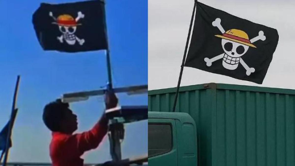 VIRAL BENDERA ONE PIECE - Kolase unggahan di media sosial menunjukkan bendera One Piece yang dipasang dan dikibarkan jelang peringatan kemerdekaan Indonesia atau HUT ke-80 RI, 17 Agustus 2025 mendatang.
