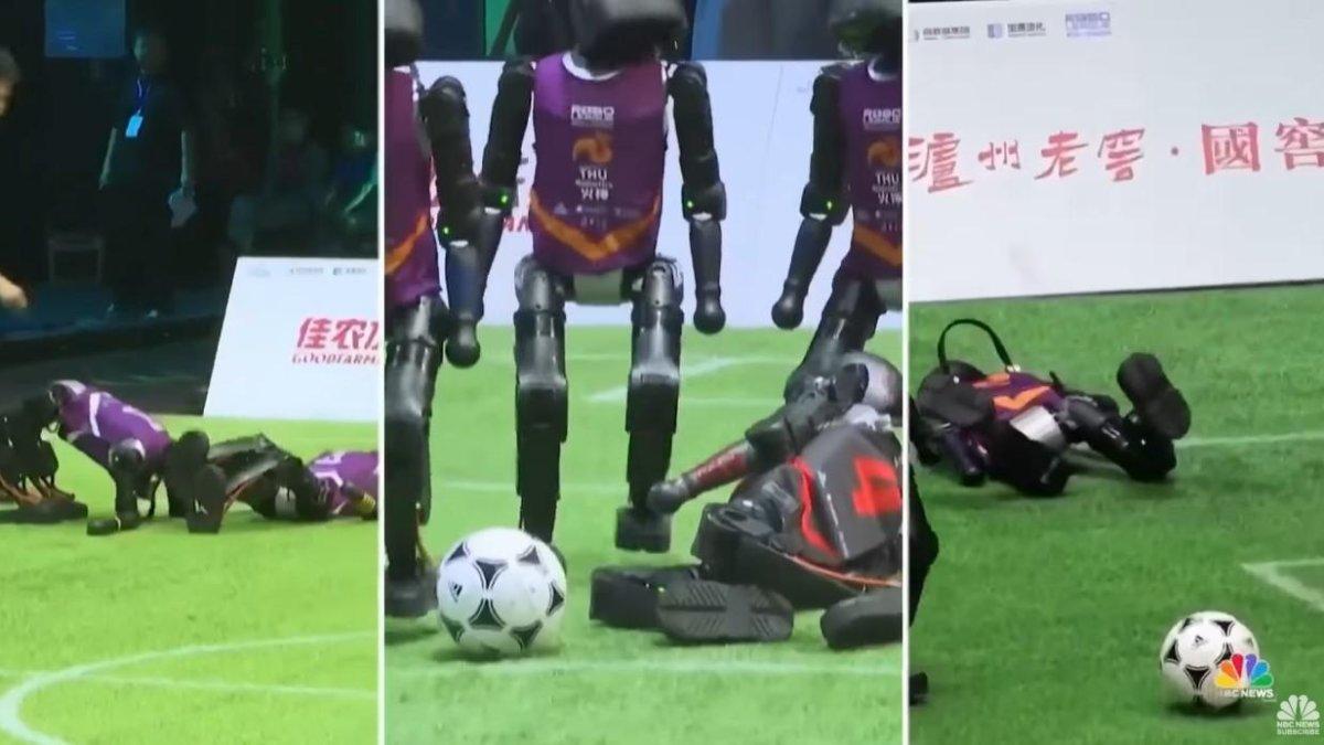 VIRAL PERTANDINGAN ROBOT - Tangkap layar YouTube NBC News 4 Juli 2025, memperlihatkan pertandingan sepak bola robot AI pertama di China. Selama jalannya pertandingan, ada dua robot yang 'cedera' dan harus ditandu keluar lapangan.