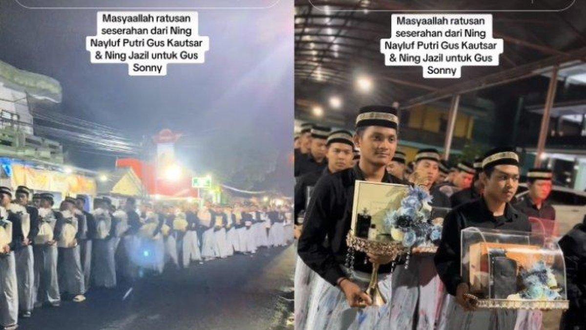 Viral di media sosial momen seserahan untuk calon pengantin pria di Kediri. Ratusan santri berjejer dan membawa barang yang tampak mewah.