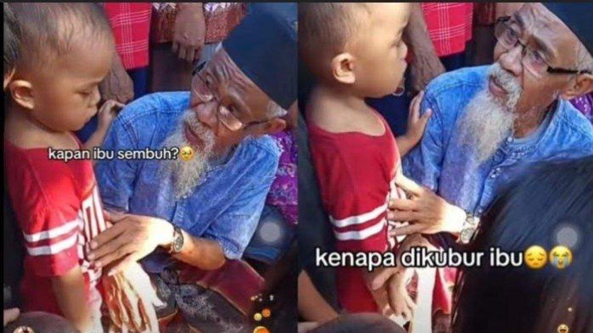 Viral momen pilu balita laki-laki hadiri proses pemakaman sang ibu.
