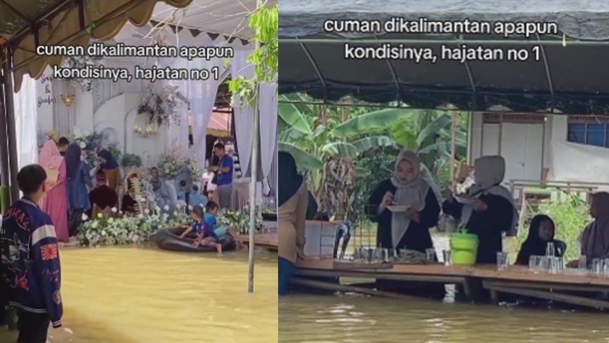 Viral pesta pernikahan diterjang banjir sepaha orang dewasa. (TikTok @devymaulidya_)