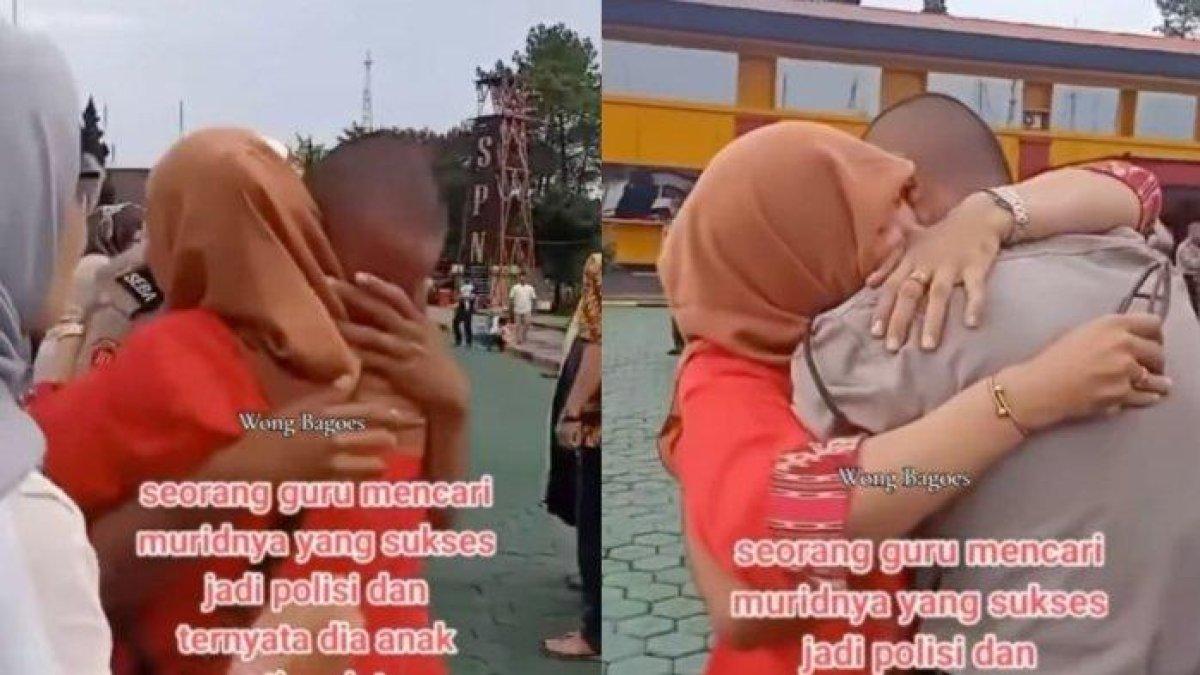 Viral polisi muda menangis haru lihat gurunya datang di acara pelantikannya