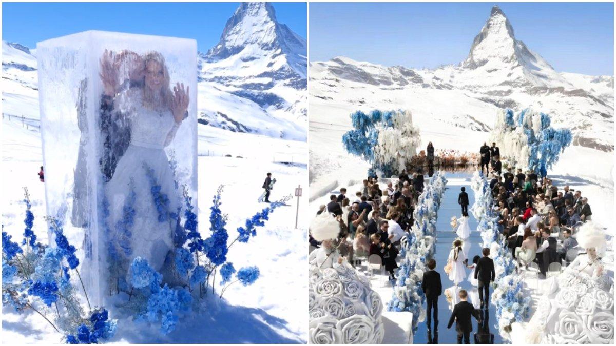 Viral video pernikahan cantik dan unik di Zermatt, Swiss, pengantin beri surprise ke para tamu muncul dari balok es, bak pernikahan di kerajaan salju. 