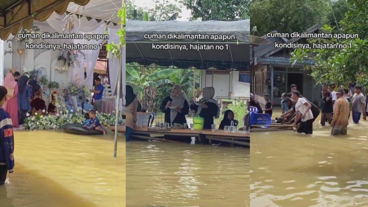 Viral video pesta pernikahan yang diterjang banjir, namun resepsi tetap berjalan dan banyak tamu berdatangan. (TikTok @devymaulidya_)