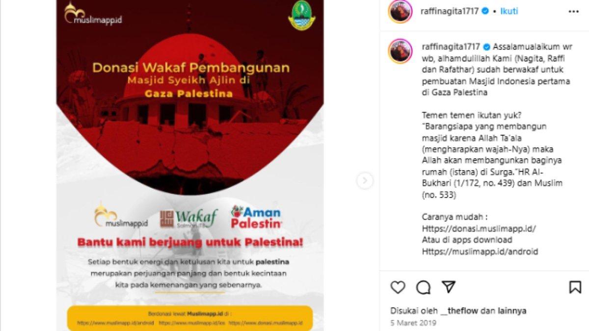 WAKAF RAFFI AHMAD,- Raffi Ahmad dan Nagita Slavina sempat mewakafkan sejumlah hartanya untuk pembangunan masjid di Palestina.