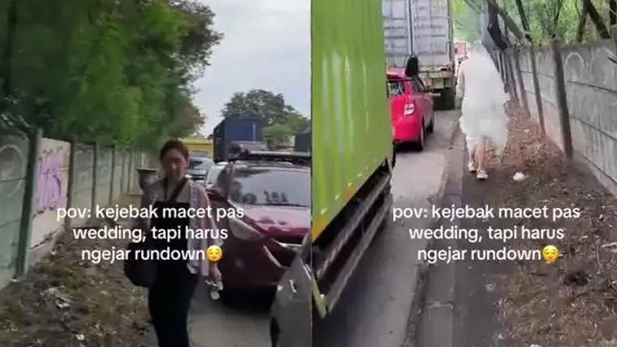 Wanita bernama Bella jalan kaki ke lokasi pernikahan karena terjebak macet.