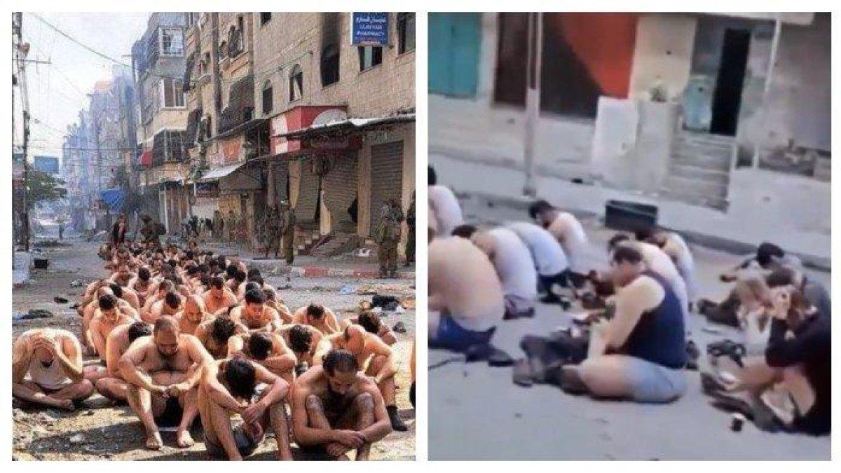 Warga Palestina yang diculik oleh Israel dari tempat perlindungan di sekolah yang dikelola PBB di Beit Lahia, Gaza utara pada Kamis (7/12/2023). Mereka dipaksa melepas pakaian dan alas kakinya sebelum di bawa dengan truk.