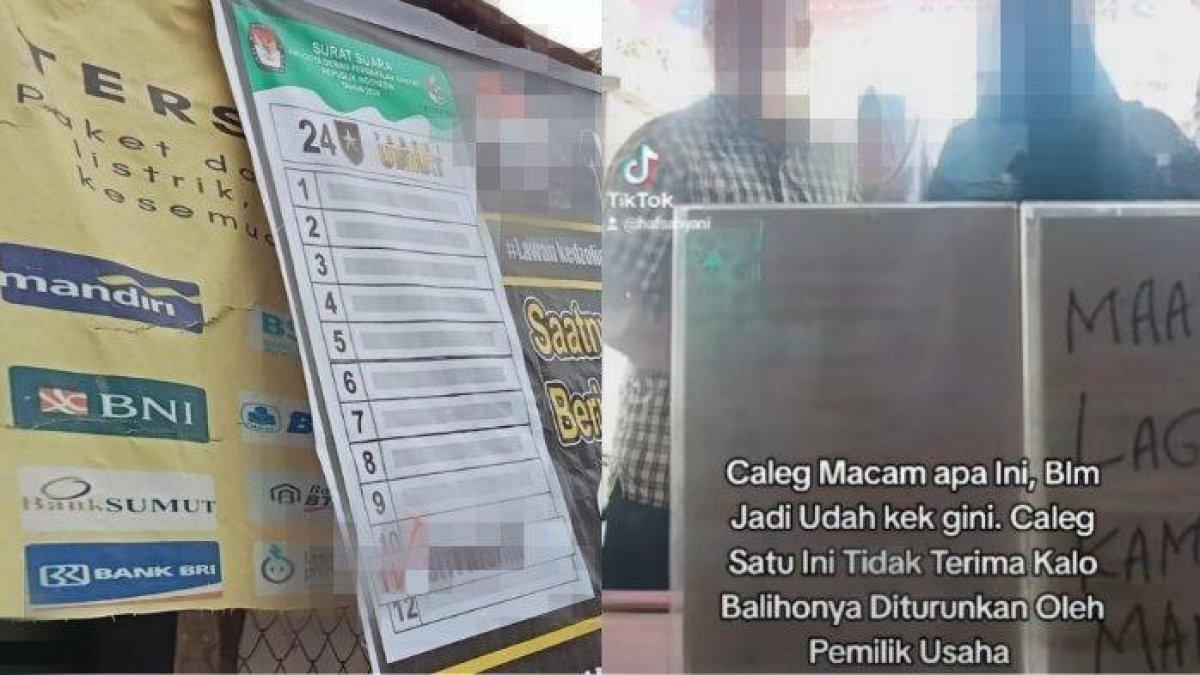 Warga protes spanduk dagangannya ditutup oleh baliho kampanye calon legislatif (Caleg).
