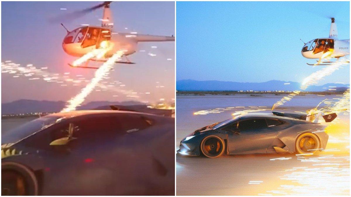 YouTuber tembaki Lamborghini pakai kembang api dari helikopter.