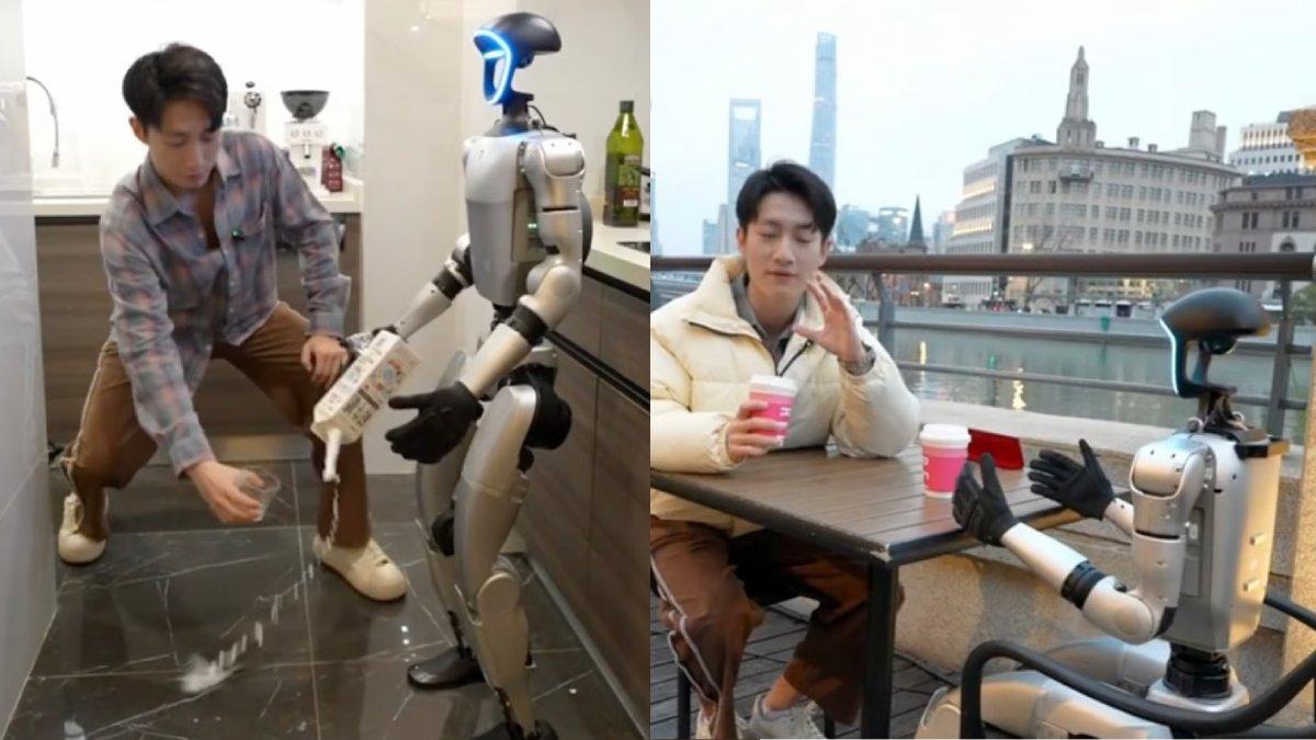 Zhang menyewa robot G1 untuk membersikan rumah dan berjalan-jalan, dia juga menggandeng tangan robot itu di jalanan, foto diolah dari scmp pada Jumat, 21 Maret 2025.