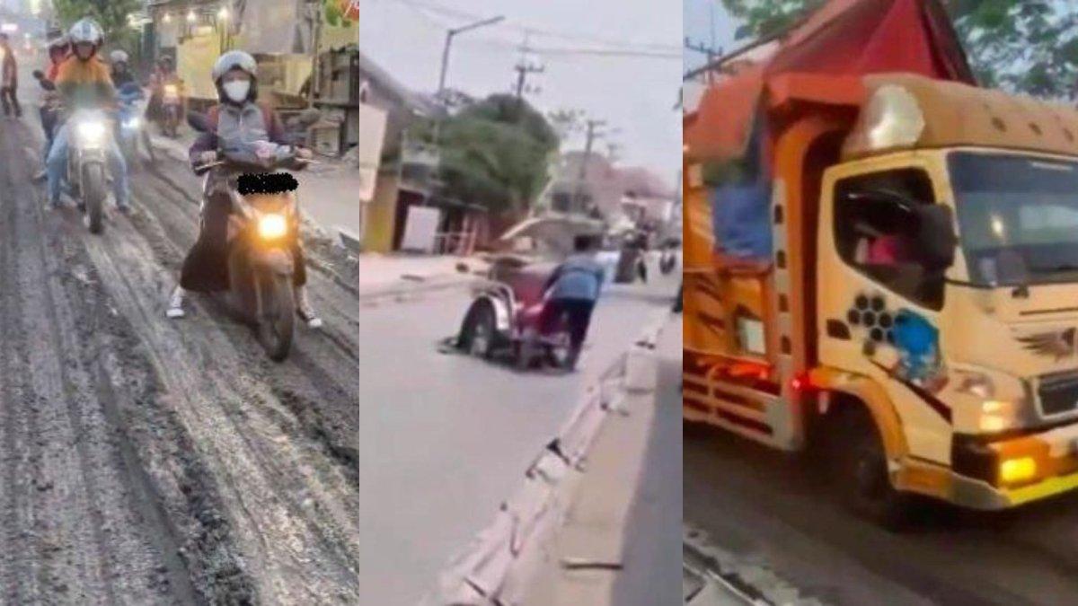Viral video aksi nekat sejumlah pengendara menerobos jalan cor yang masih basah di Jombang