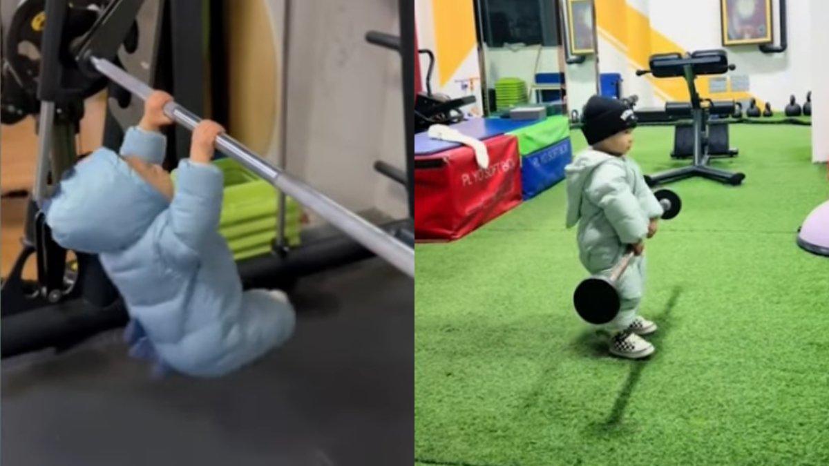 BAYI OLAHRAGA GYM - Potret balita berusia 16 bulan di Provinsi Jiangxi, China timur, berolahraga di gym, foto diolah dari scmp Jumat, 21 Maret 2025.