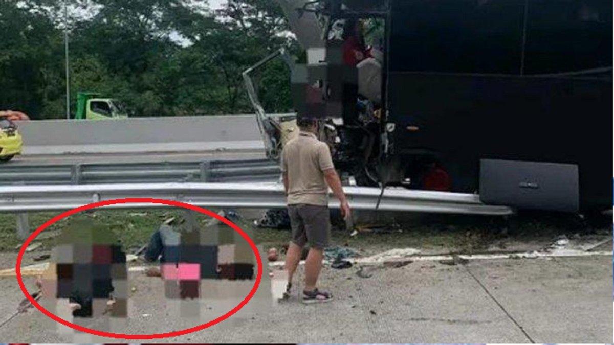 LAKA TUNGGAL BUS - Ini foto kondisi Bus Brimob angkut siswa SMAN 1 Sidoarjo Jawa Timur setelah laka tunggal di Exit Tol Purwodadi Pasuruan, sopir tewas terjepit bodi bus