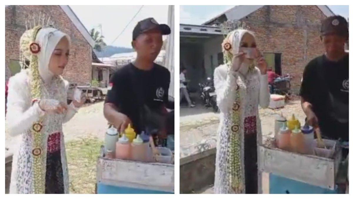 Pengantin wanita beli cilok saat acara masih berlangsung, bikin heran