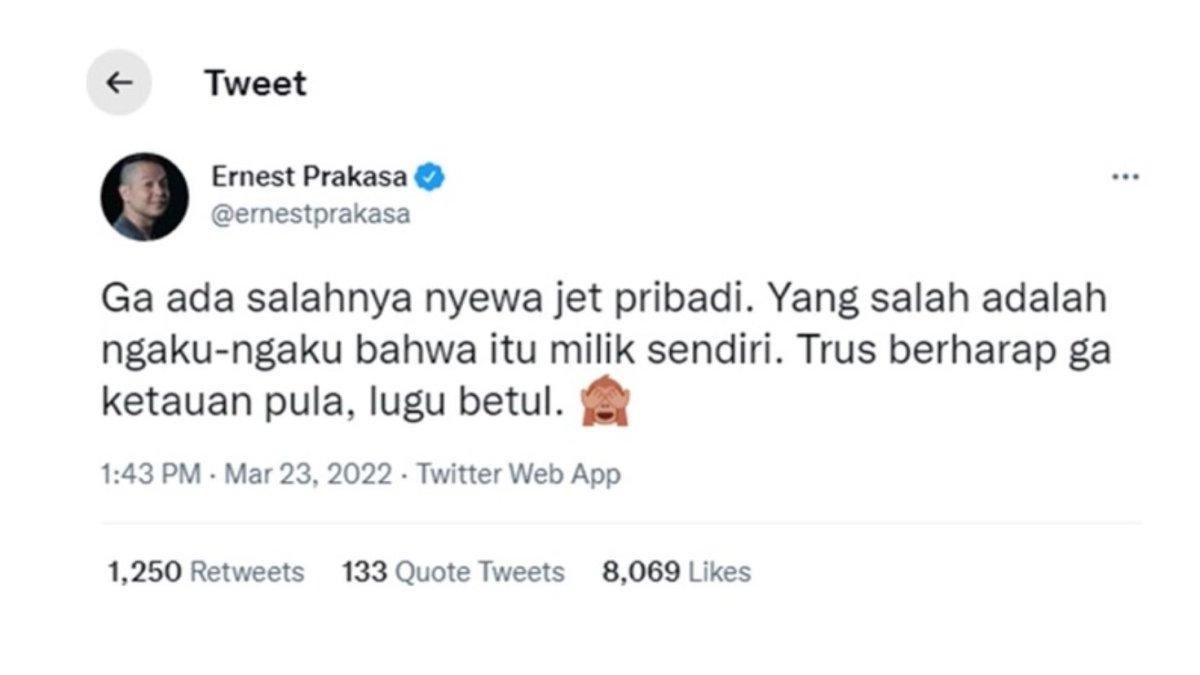 CUITAN ERNEST PRAKASA - Foto tangkapan layar cuitan kontroversial Ernest Prakasa di akun X, diolah pada Jumat (13/6/2025). Berikut deretan cuitan Ernest Prakasa yang pernah viral.