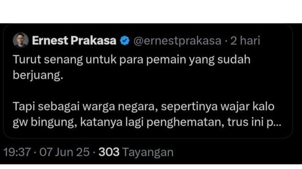 CUITAN ERNEST PRAKASA - Foto tangkapan layar cuitan kontroversial Ernest Prakasa di akun X, diolah pada Jumat (13/6/2025). Berikut deretan cuitan Ernest Prakasa yang pernah viral.