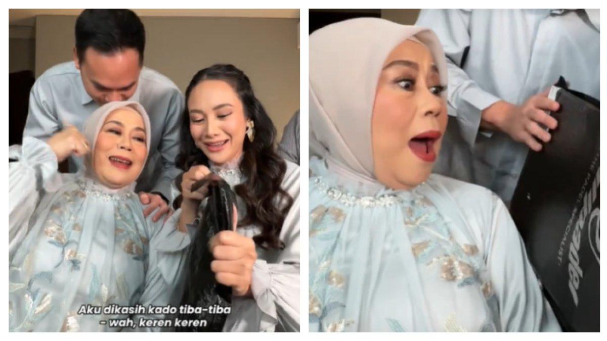 RAMA KASIH HADIAH - Anak Dewi Yull, memberikan hadiah ke istrinya, Merdi di hari Valentine sebuah raket padel. Ekspresi Dewi Yull membuat iri banyak netizen dan kagum dengan sikapnya sebagai mertua.