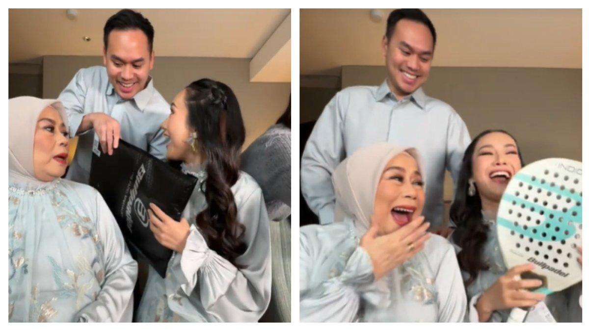 RAMA KASIH HADIAH - Anak Dewi Yull, memberikan hadiah ke istrinya, Merdi di hari Valentine sebuah raket padel. Ekspresi Dewi Yull membuat iri banyak netizen dan kagum dengan sikapnya sebagai mertua.