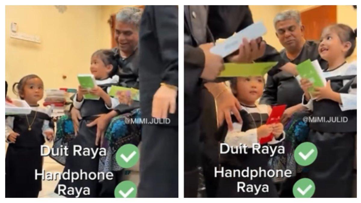 Momen kakek memberikan fitrah amplop dan handphone ke cucunya